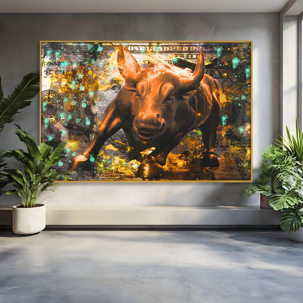 Tablou canvas cu tablou canvas cu taur si dolar, in rama de aluminiu auriu